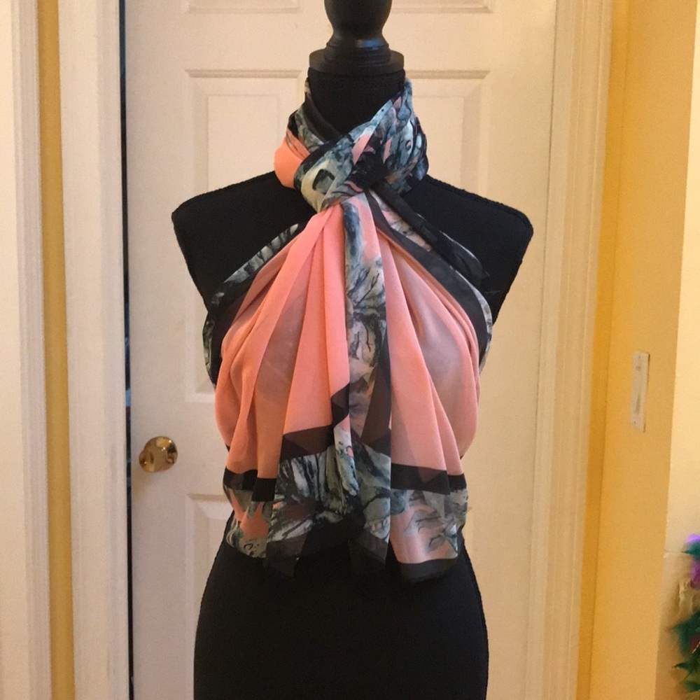 Source Unknown Sz OS | Peach/Blue | Sheer Pashmina Halter Top/ Scarf Wrap Shrug
